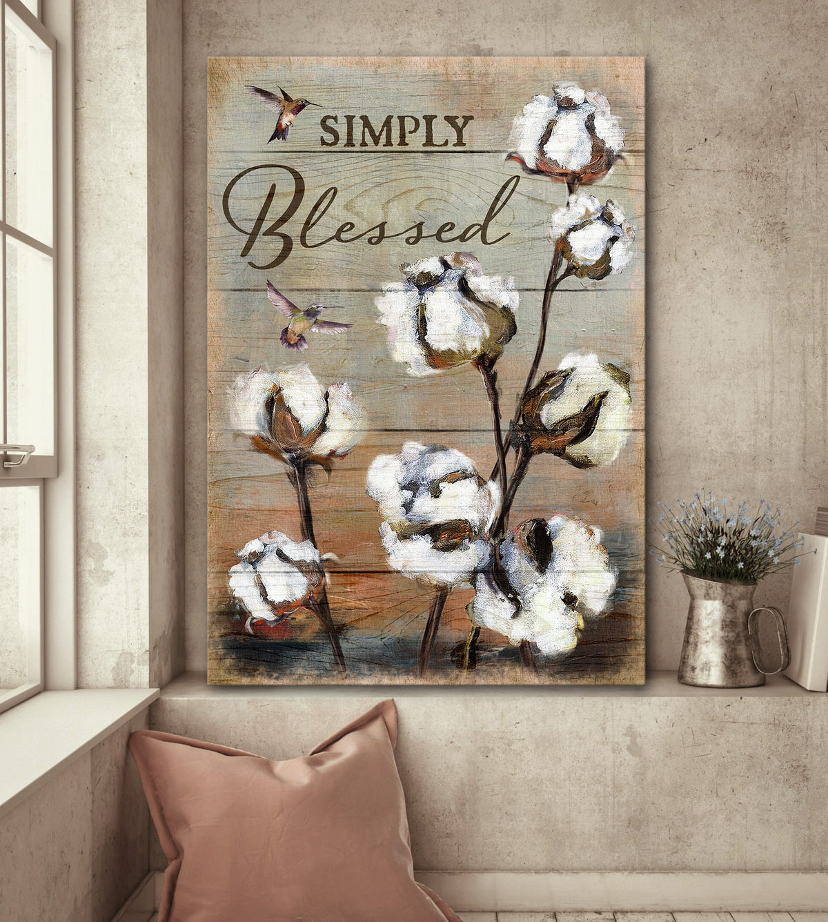 Cotton flower, Hummingbird, Still Painting, Simply blessed - Jesus Portrait Canvas Prints, Wall Art