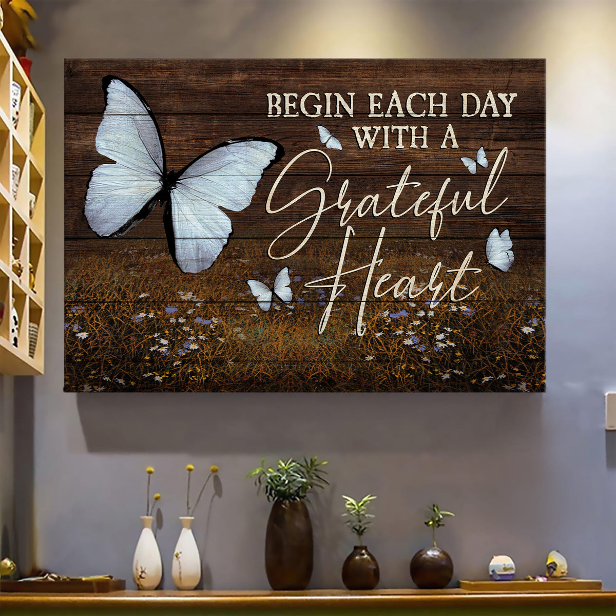Butterfly, Grassland, Begin each day with grateful heart - Jesus Landscape Canvas Prints, Wall Art