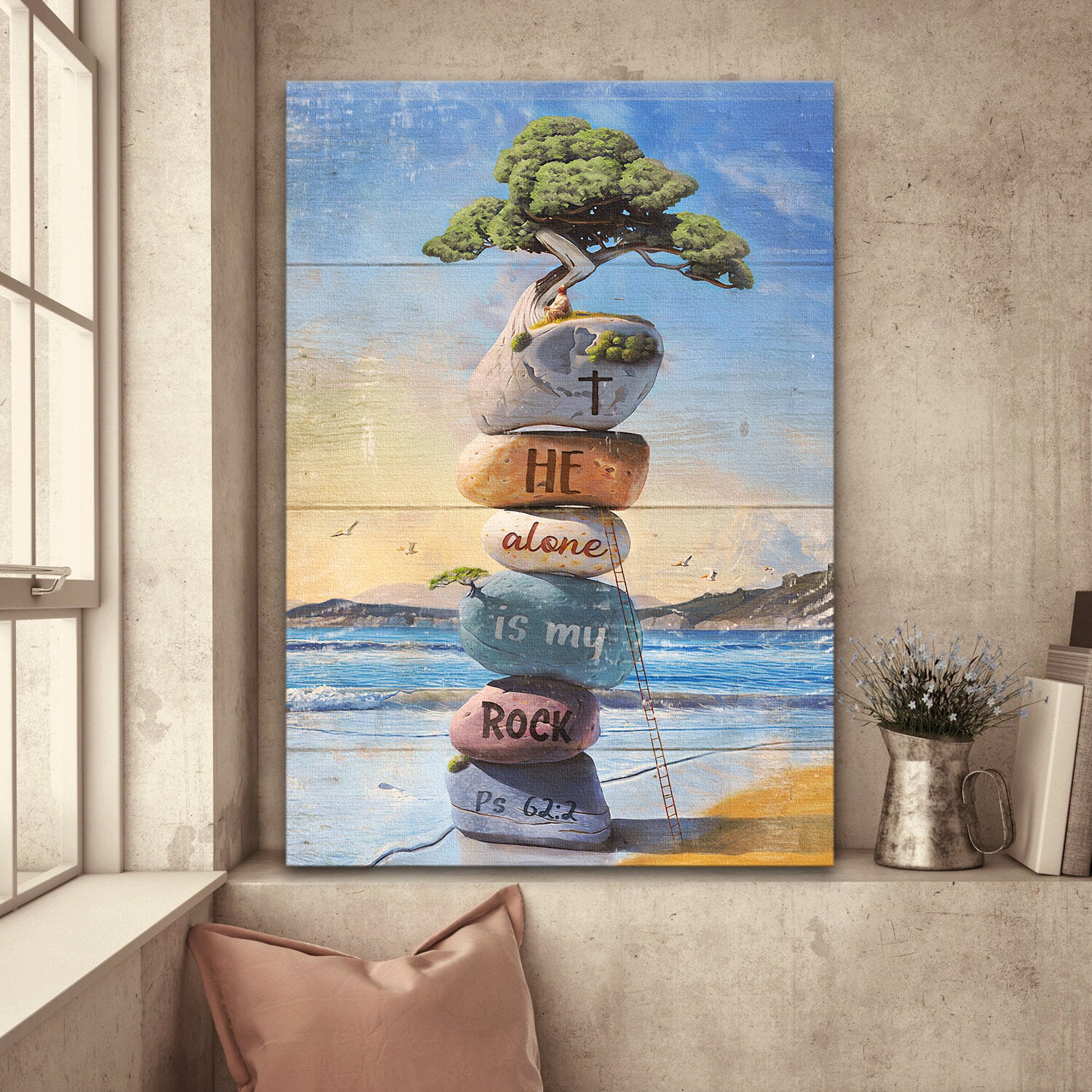 Rock cairn, Bonsai, He alone is my rock - Jesus Portrait Canvas Prints, Wall Art