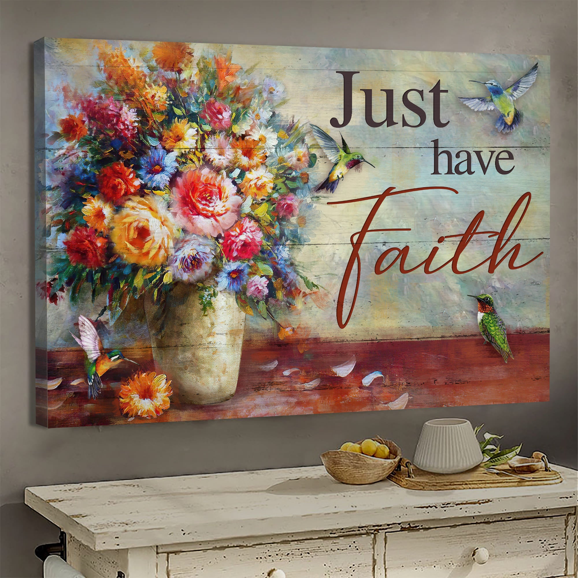 Vintage flower, Hummingbird, Still life painting, Just have faith - Jesus Landscape Canvas Prints, Wall Art