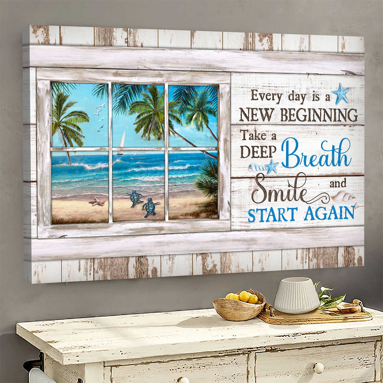 Turtle, Beach view, Through the window, Everyday is a new beginning - Jesus Landscape Canvas Prints, Wall Art
