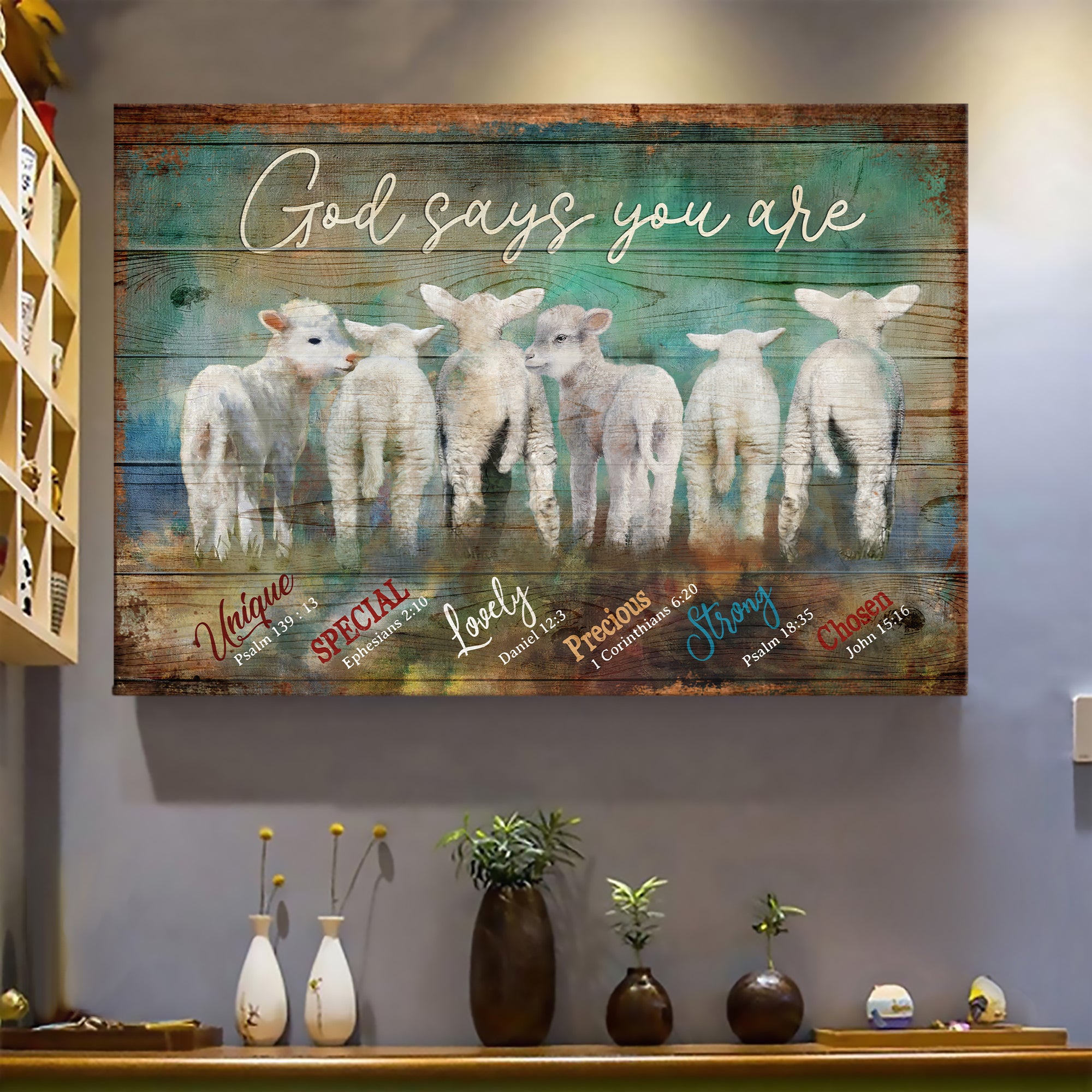 Adorable baby lambs, God says you are unique - Jesus Landscape Canvas Prints, Wall Art