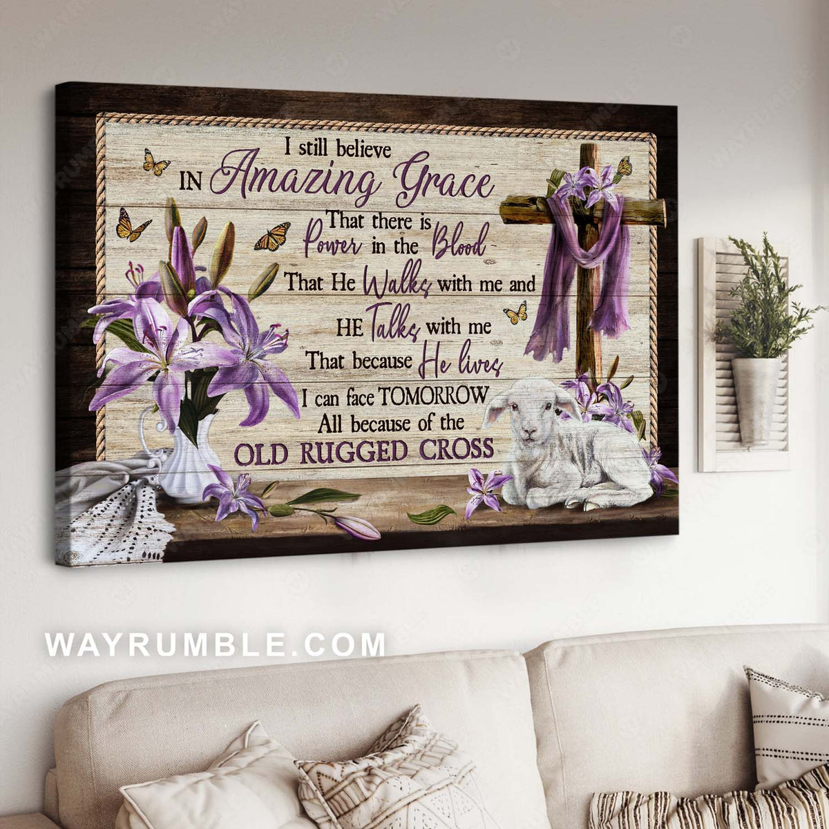 Awesome cross, Purple lily flower, Lamb of God, I still believe in amazing grace - Jesus Landscape Canvas Prints, Home Decor Wall Art