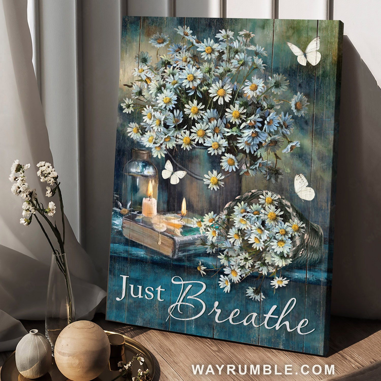 Daisy flower, White butterfly, Vintage painting, Just breathe - Jesus Portrait Canvas Prints, Home Decor Wall Art