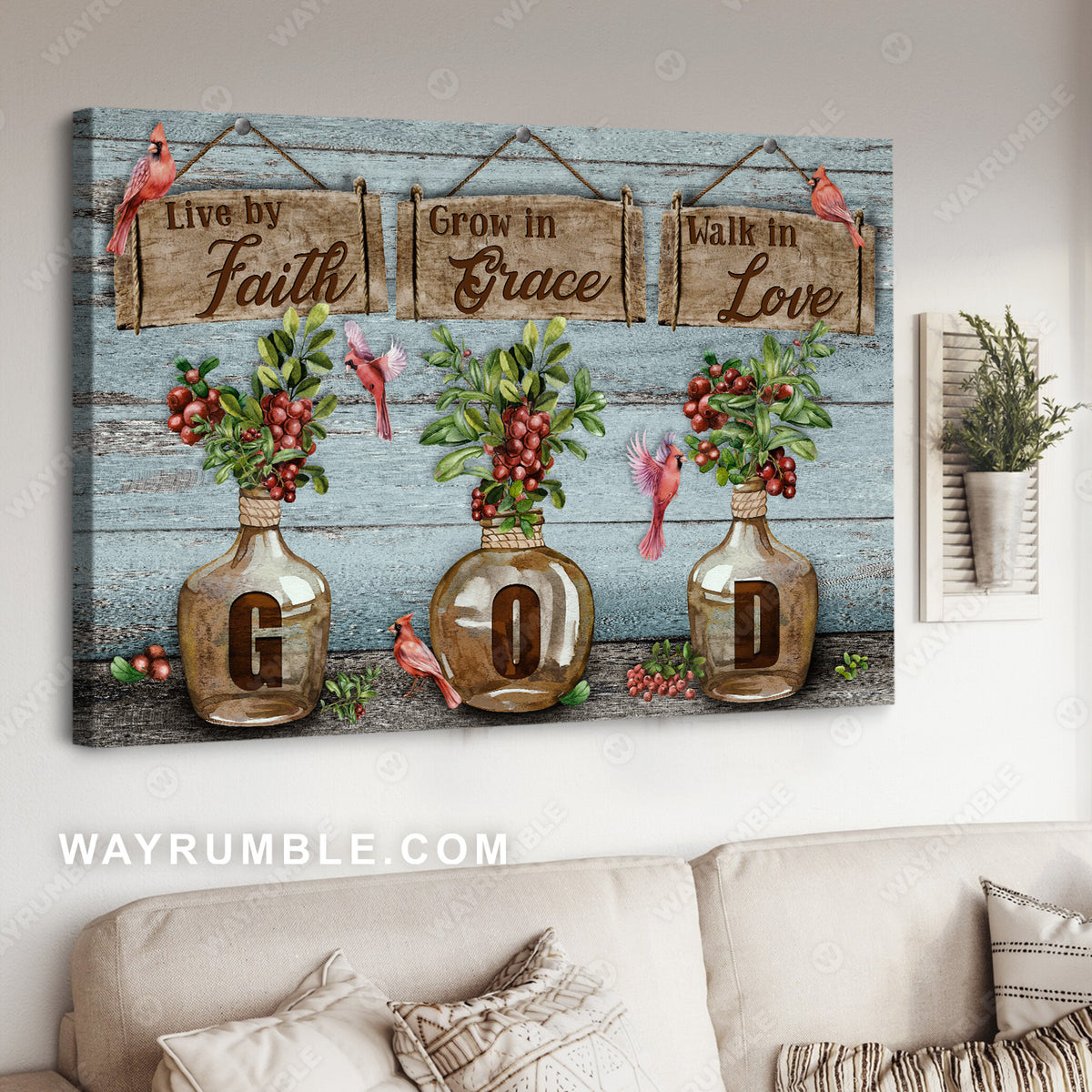 Cranberry garden, Red cardinal, Live by faith, Grow in grace - Jesus Landscape Canvas Prints, Christian Wall Art