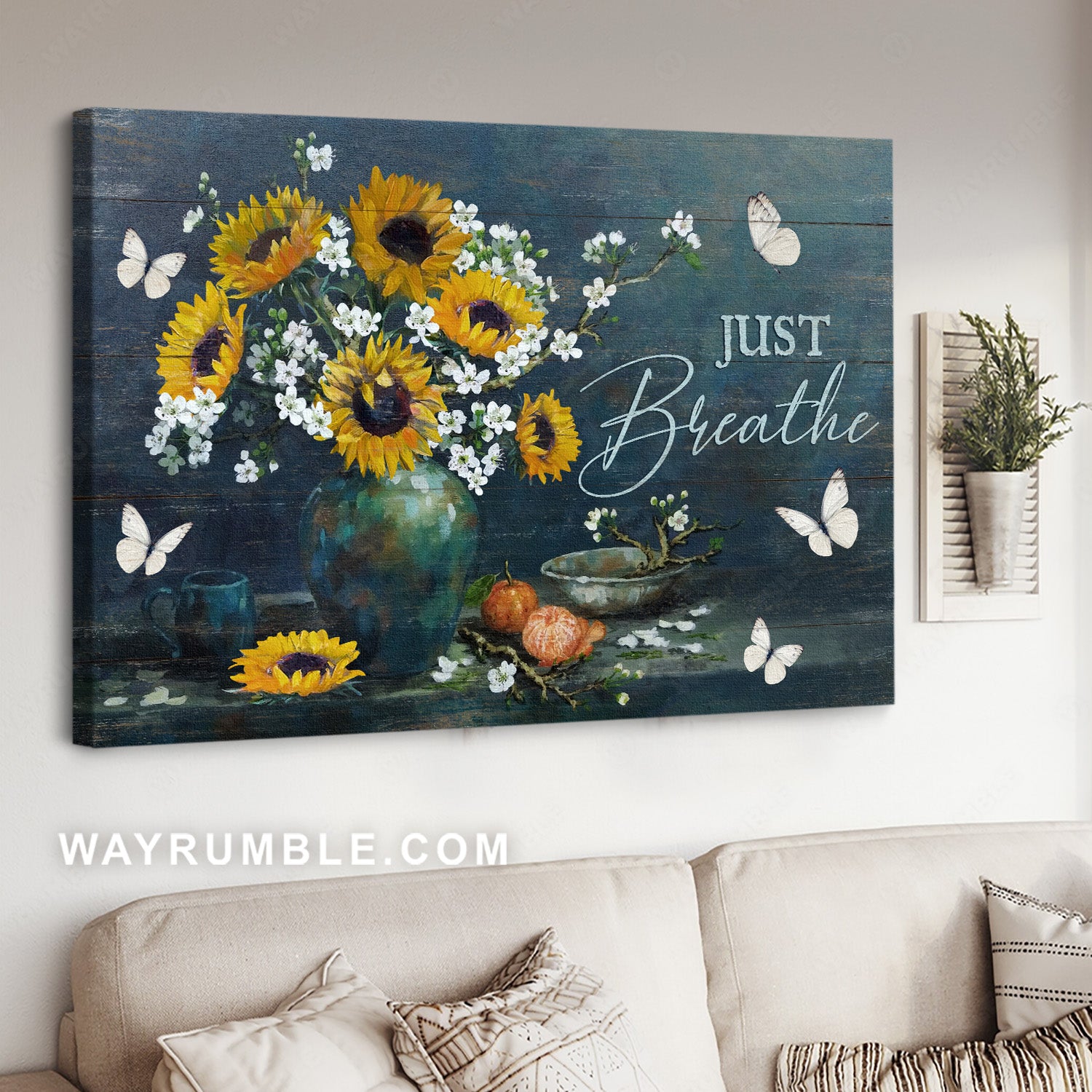 Abstract sunflower painting, White butterfly, Vintage drawing, Just breathe - Jesus Landscape Canvas Prints, Home Decor Wall Art