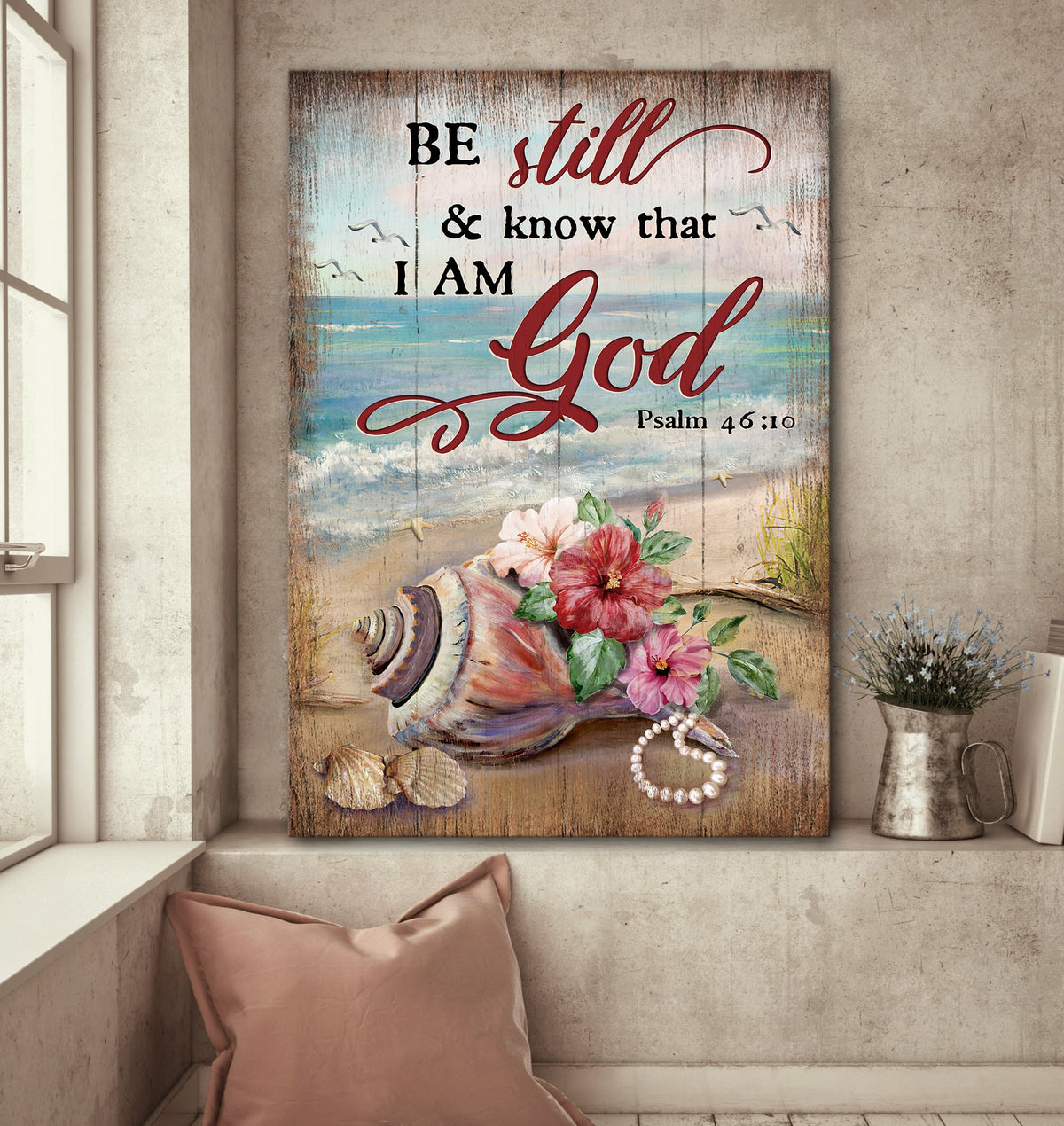 Sea snail shell, Hibiscus, Pearl Necklace, Be still and know that I am God - Jesus Portrait Canvas Prints, Wall Art