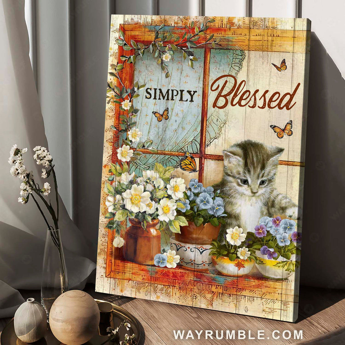 Lively flower painting, Adorable kitten, Monarch butterfly, Simply blessed - Jesus Portrait Canvas Prints, Christian Wall Art