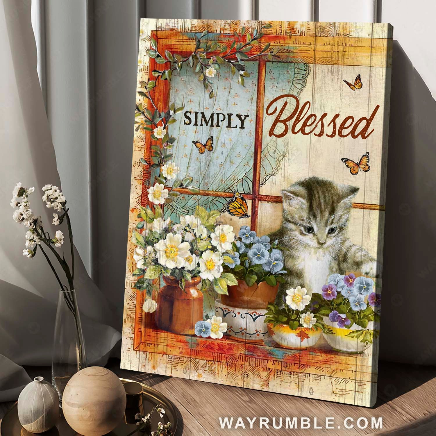 Lively flower painting, Adorable kitten, Monarch butterfly, Simply blessed - Jesus Portrait Canvas Prints, Christian Wall Art