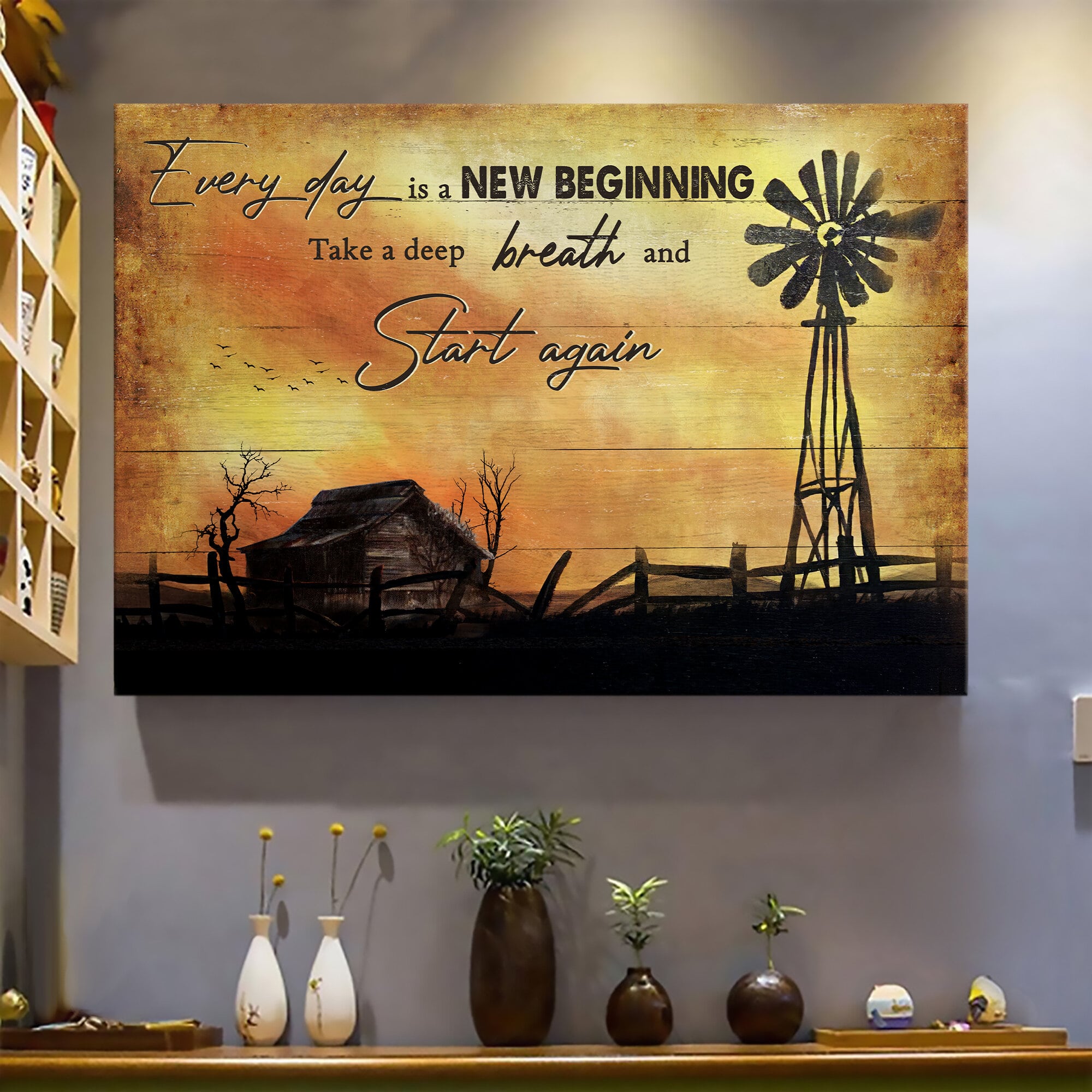 Old Barn Painting, Windmill, Sunset Landscape, Everyday is a new beginning - Jesus Landscape Canvas Prints, Wall Art