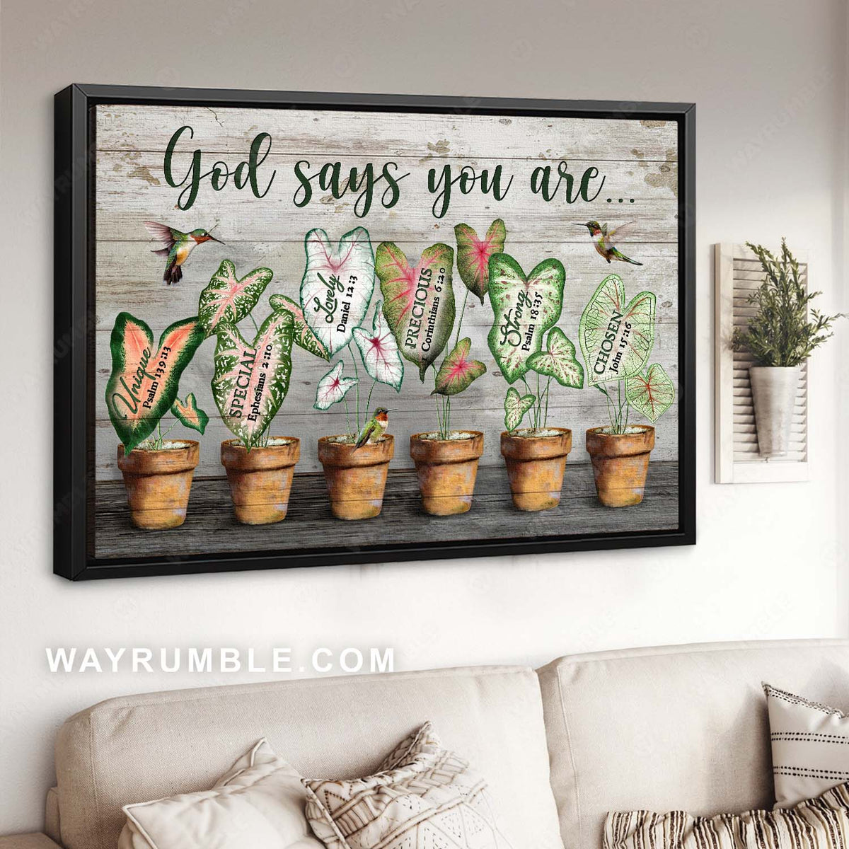 Hummingbird painting, Awesome caladium pots, God says you are - Jesus Landscape Canvas Prints, Christian Wall Art