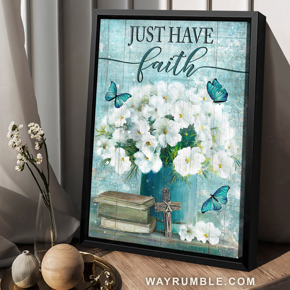 Camellia flower, Blue butterfly, Wooden cross, Just have faith - Jesus Portrait Canvas Prints, Home Decor Wall Art
