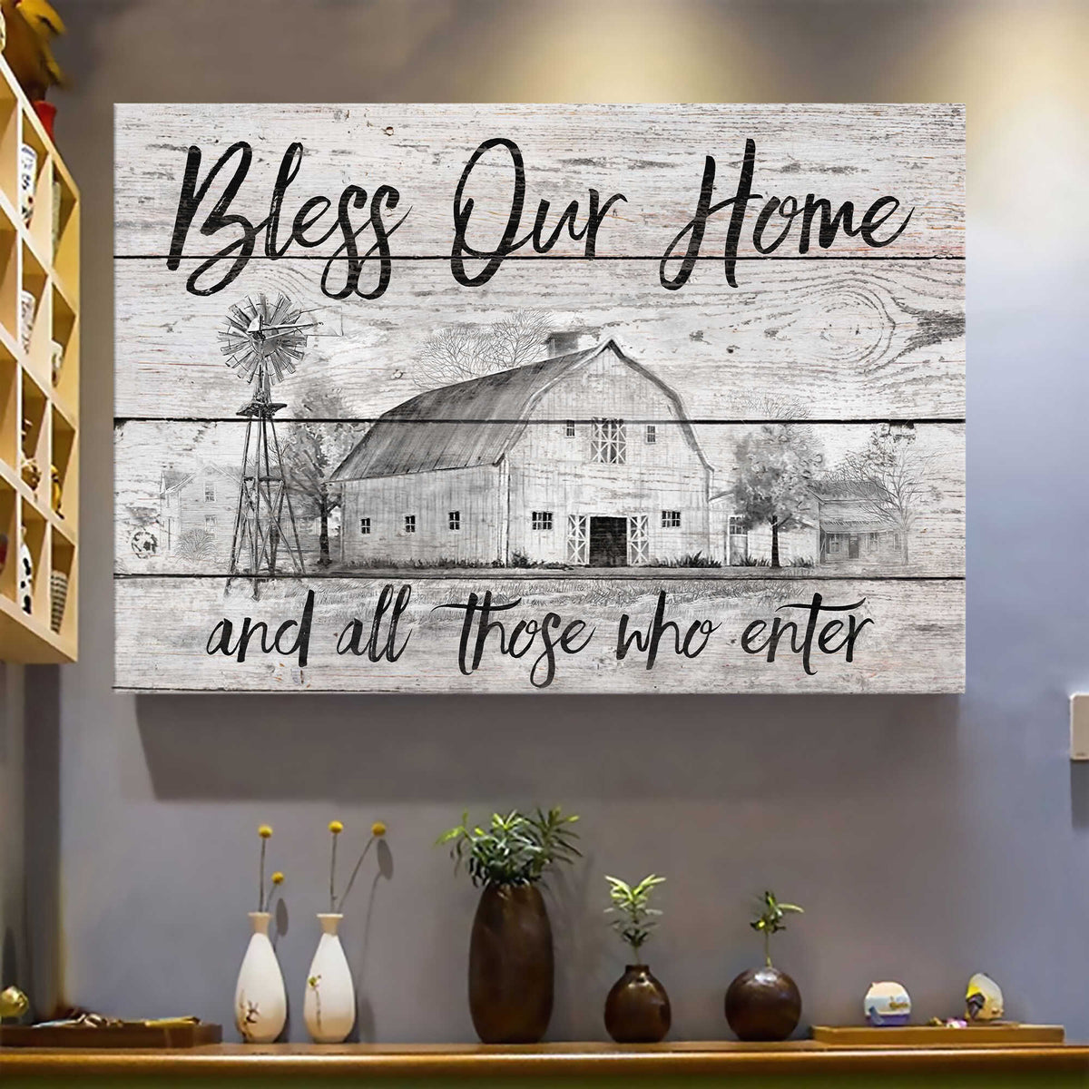 Sketch Farm, Windmill, Bless our home - Jesus Landscape Canvas Prints, Wall Art