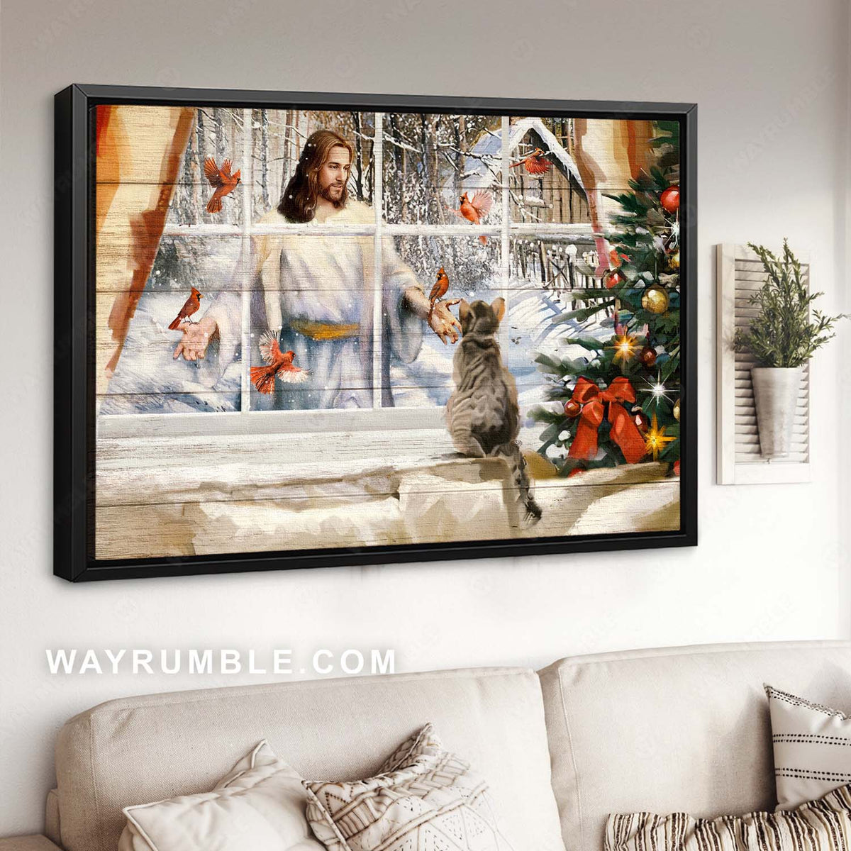 Cute cat, Christmas tree, Red cardinal, Beautiful Jesus painting - Jesus Landscape Canvas Prints, Christian Wall Art