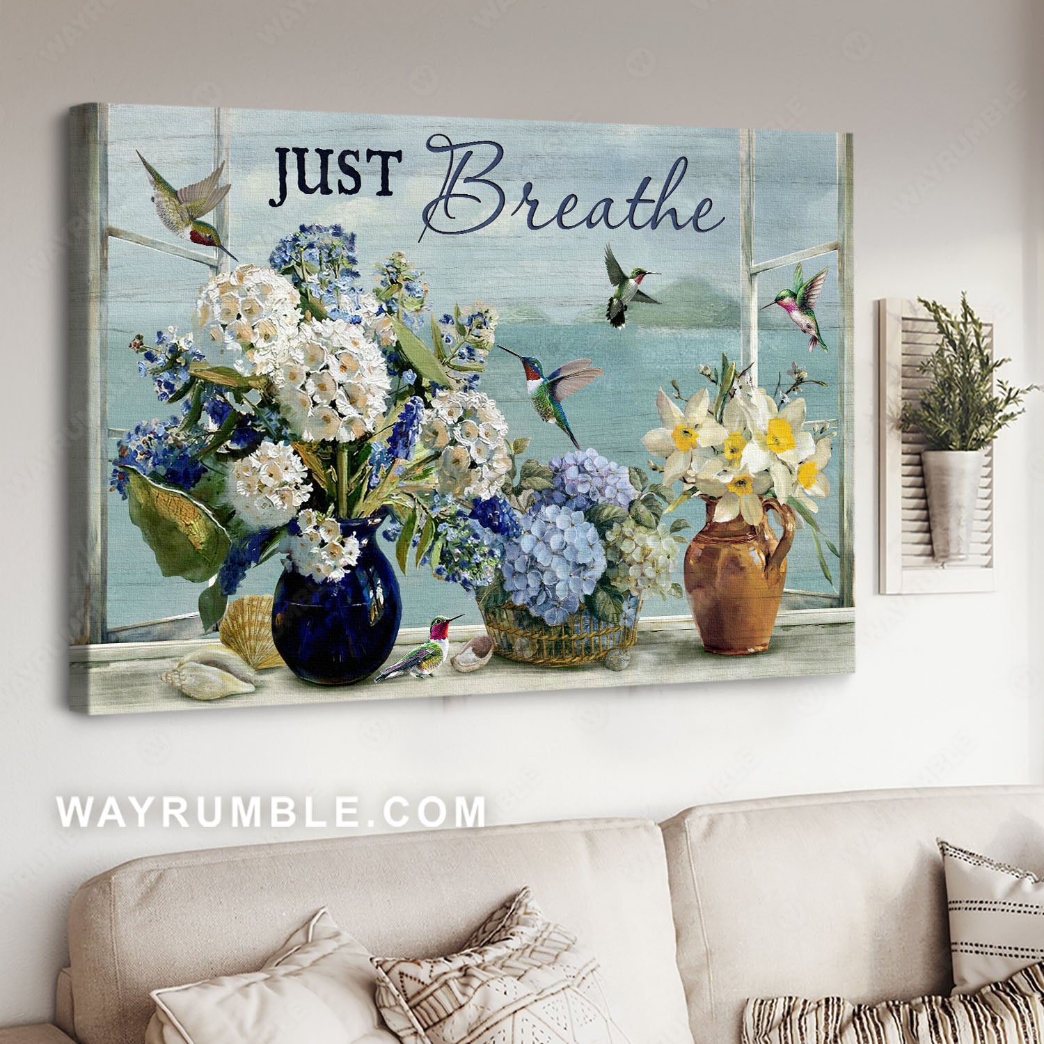 Watercolor flower vase, Hummingbird painting, Inspirational art, Just breathe - Jesus Landscape Canvas Prints, Home Decor Wall Art