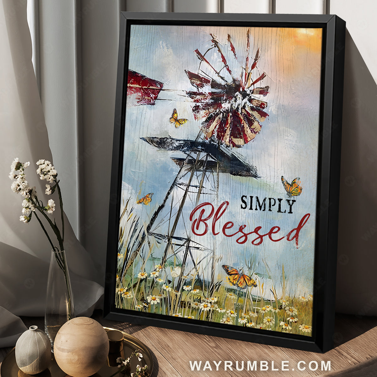 Daisy field, Windmill painting, Monarch butterfly, Simply blessed - Jesus Portrait Canvas Prints, Home Decor Wall Art