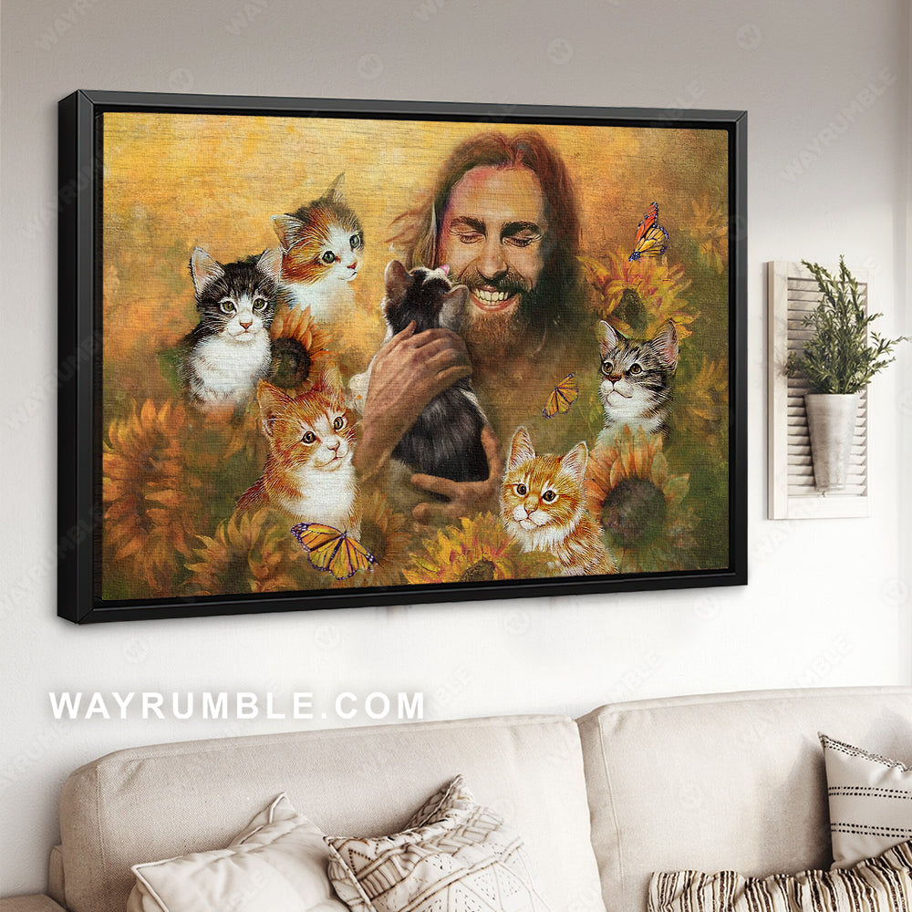 Lovely cats, Sunflower field, Monarch butterfly, Jesus Christ among animals - Jesus Landscape Canvas Prints, Home Decor Wall Art