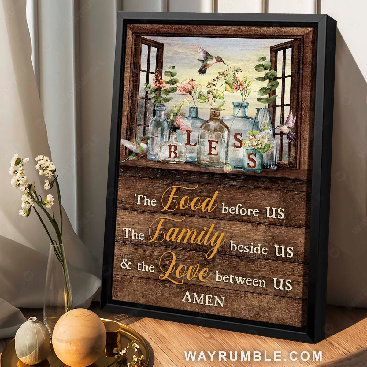 Pretty hummingbird, Gorgeous flower jar, Window frame, Bless the love between us - Jesus Portrait Canvas Prints, Christian Wall Art