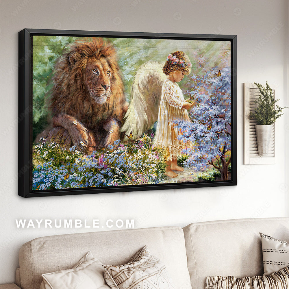 Lion of Judah, Flower field, Daisy flowers, Monarch butterfly, Lovely little angel - Jesus Landscape Canvas Prints, Home Decor Wall Art