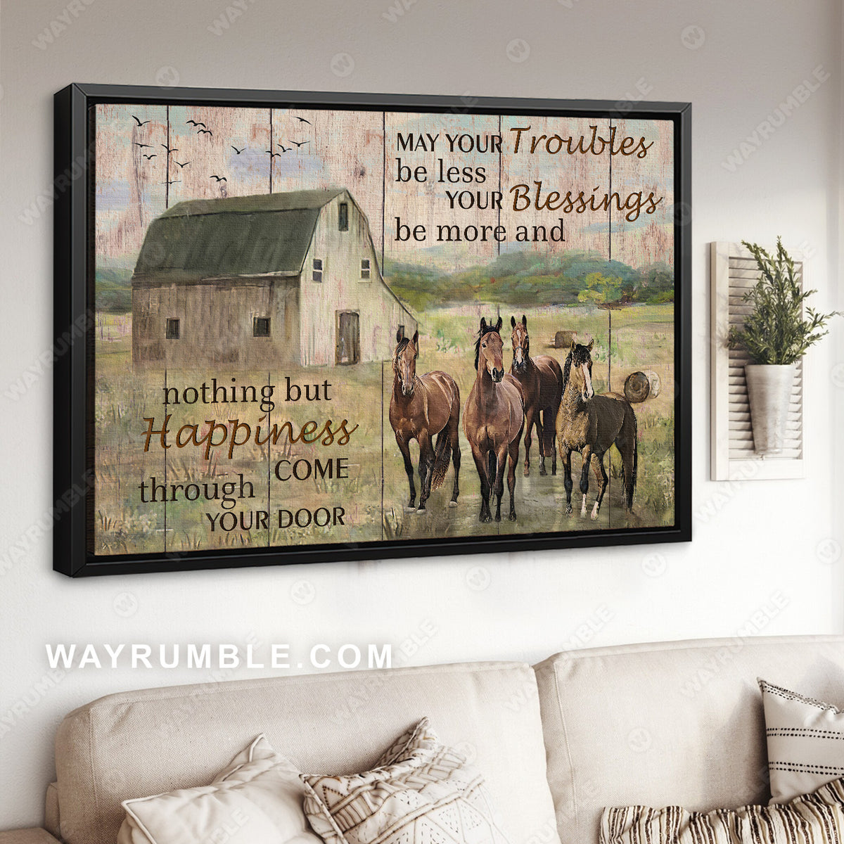 Horse painting, Old barn, Giant valley, Happiness come through your door - Jesus Landscape Canvas Prints, Christian Wall Art