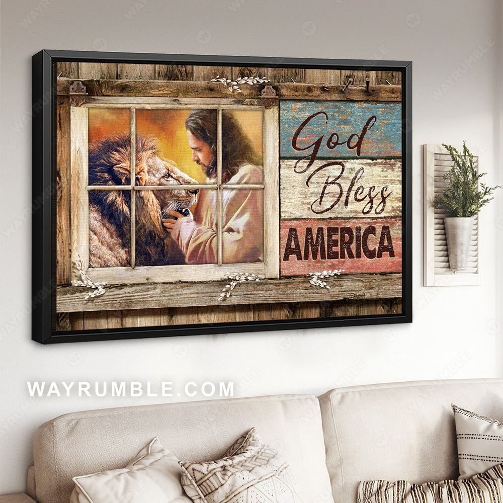 Jesus painting, Lion of Judah, Wooden house,  God bless America - Jesus Landscape Canvas Prints, Christian Wall Art