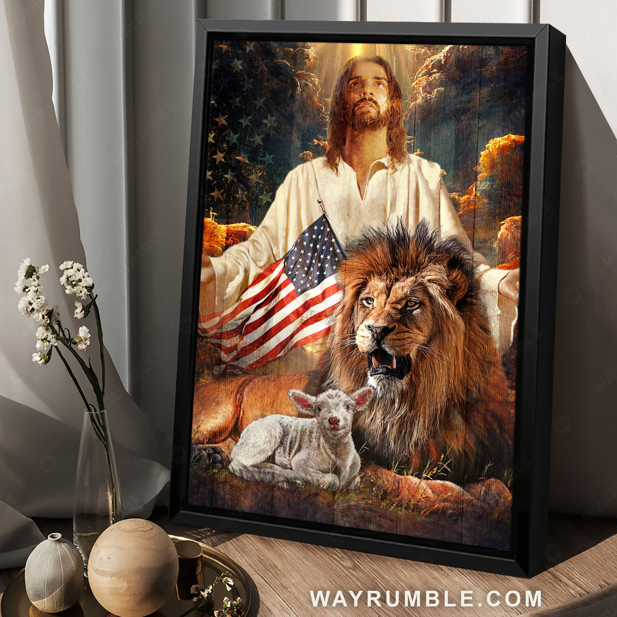 Beautiful Jesus painting, Lion of Judah, Lamb of God, American flag, Religious art - Jesus Portrait Canvas Prints, Christian Wall Art
