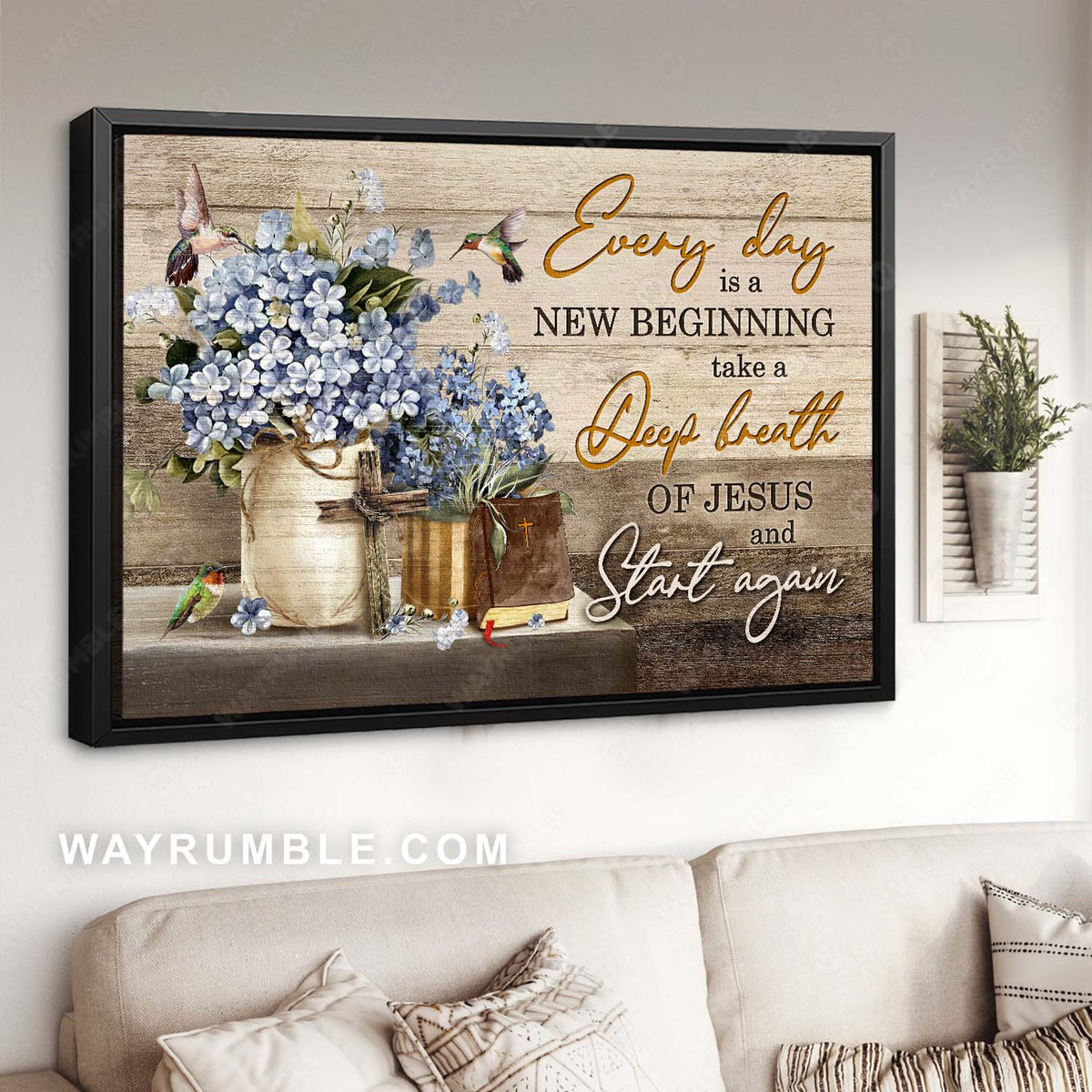 Hummingbird drawing, Blue flower, Motivational art, Every day is a new beginning - Jesus Landscape Canvas Prints, Home Decor  Wall Art