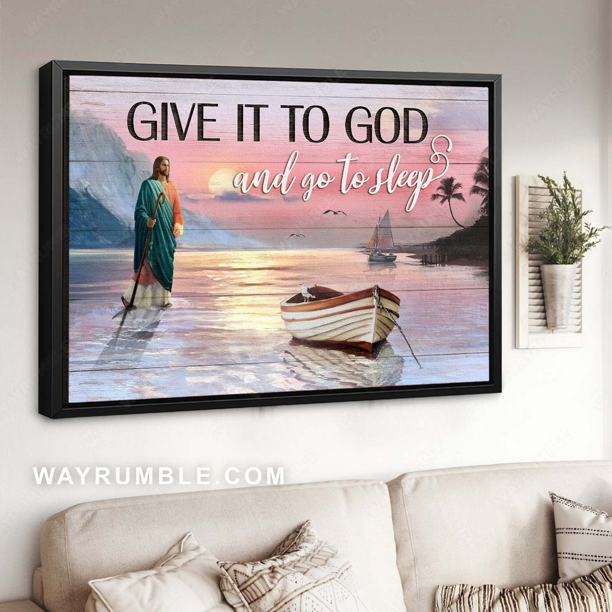 Jesus painting, Sunset on river, Awesome river boat, Give it to God and go to sleep - Jesus Landscape Canvas Prints, Christian Wall Art