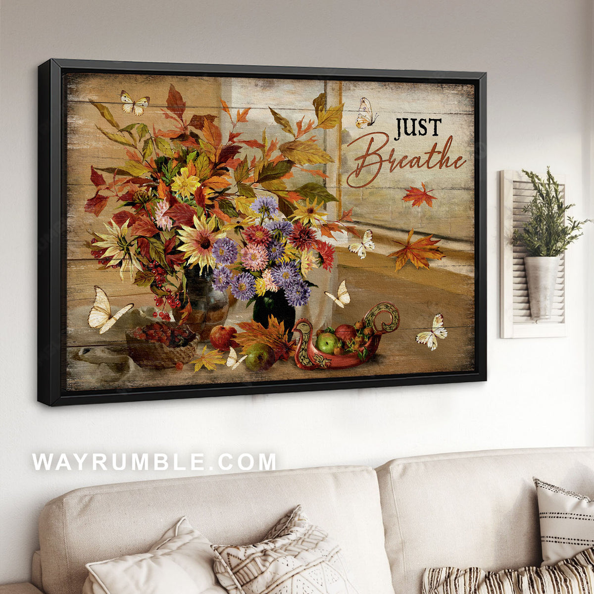 Colorful flower painting, White butterfly, Autumn season, Just breathe - Jesus Landscape Canvas Prints, Christian Wall Art