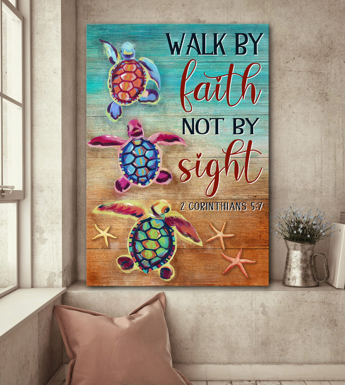 Colorful turtle, On the beach, Walk by faith not by sight - Jesus Portrait Canvas Prints, Wall Art