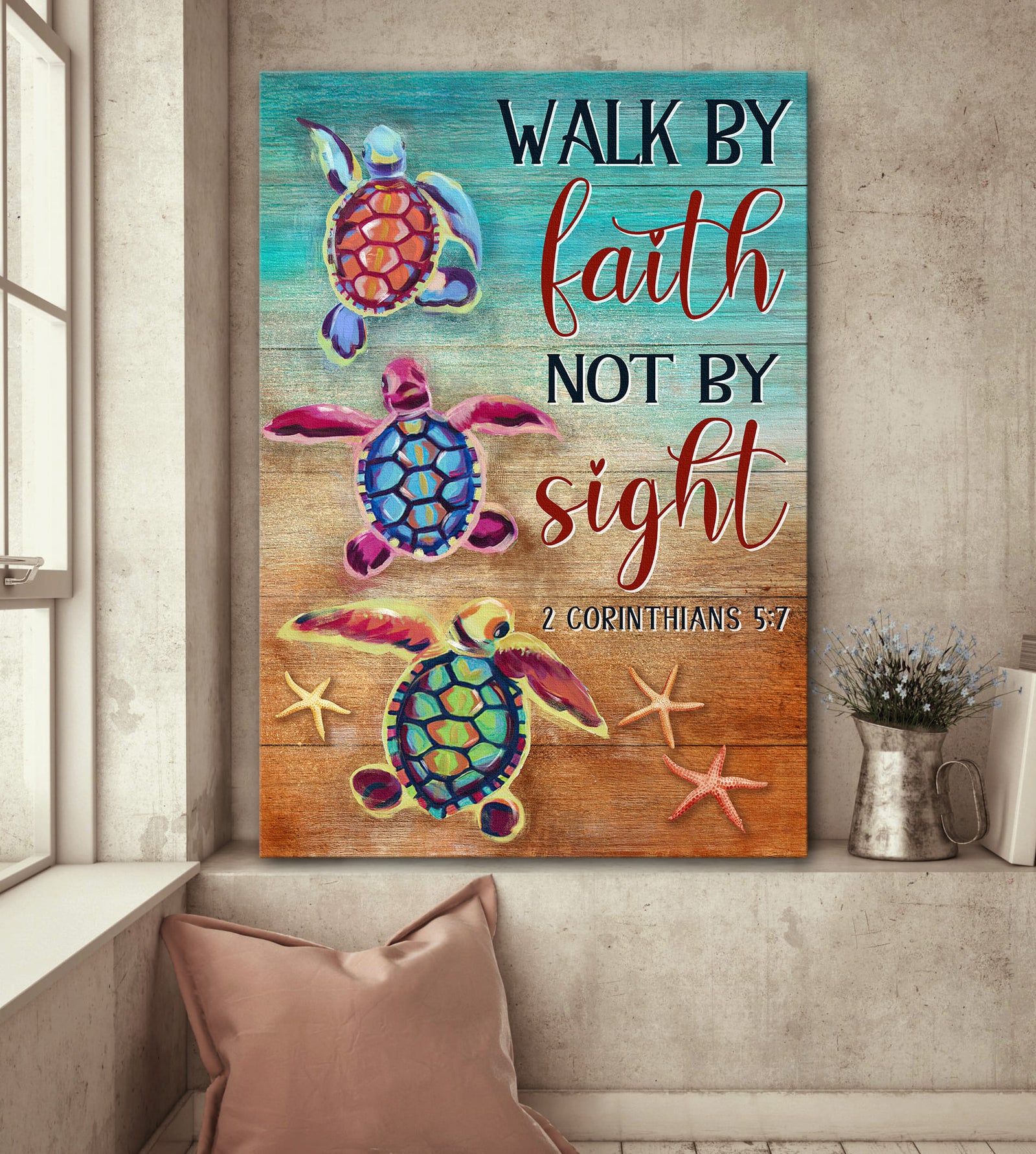 Colorful turtle, On the beach, Walk by faith not by sight - Jesus Portrait Canvas Prints, Wall Art