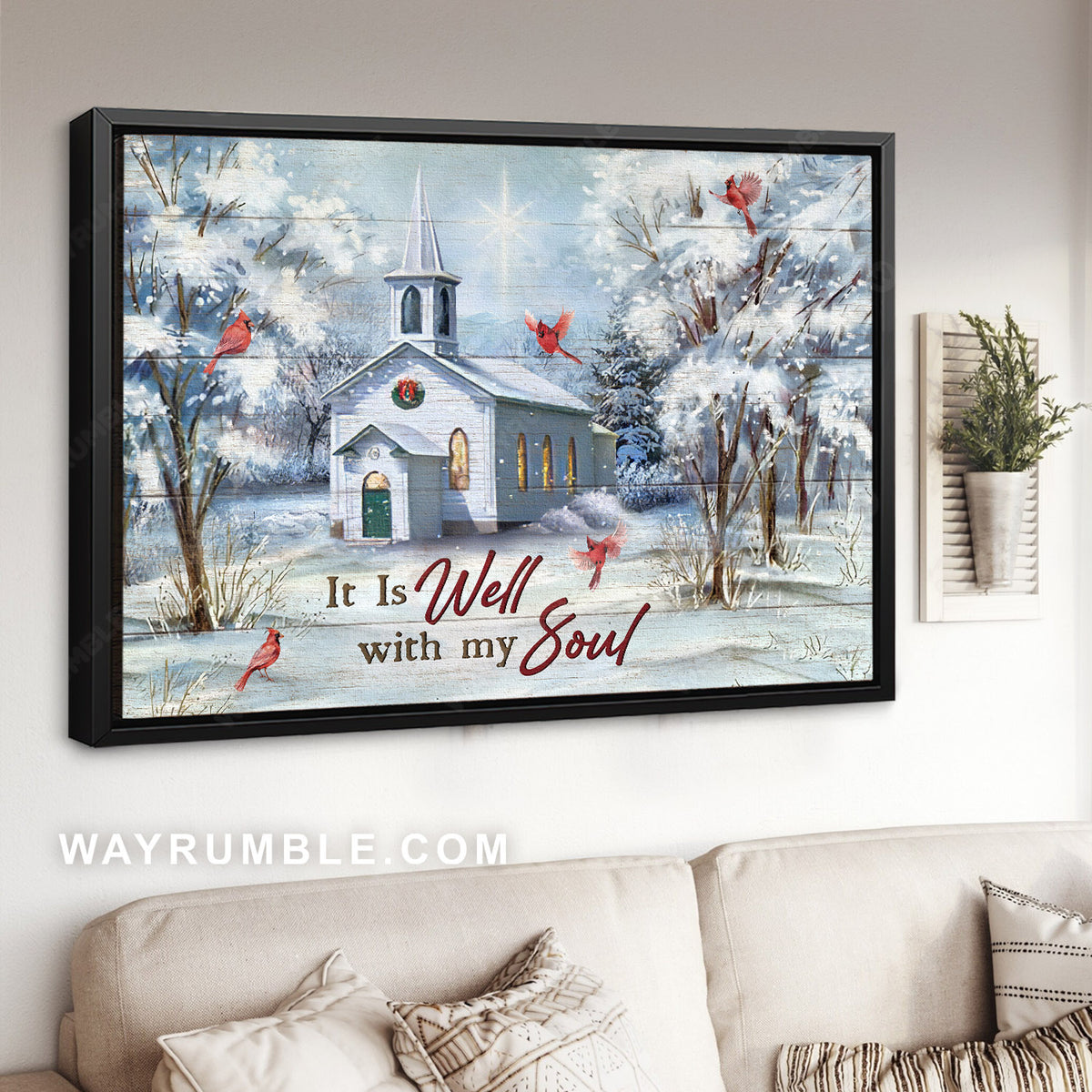 Catholic church, Winter season, Red cardinal drawing, It is well with my soul - Jesus Landscape Canvas Prints, Home Decor Wall Art