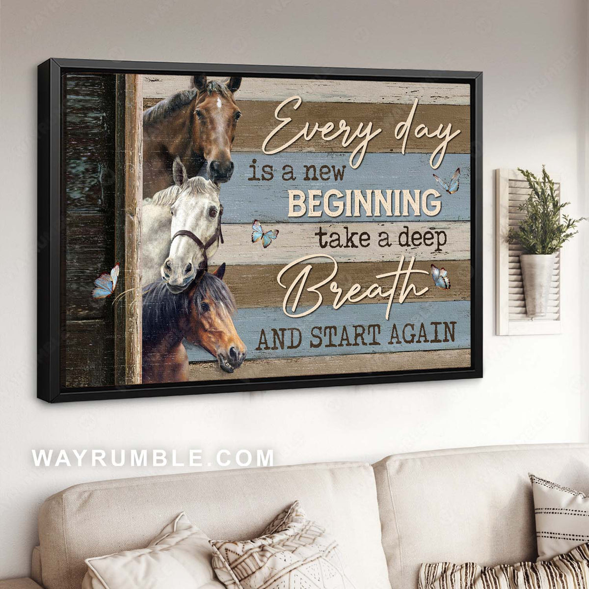 Horse painting, Blue butterfly, Motivational quote, Every day is a new beginning - Jesus Landscape Canvas Prints, Home Decor Wall Art