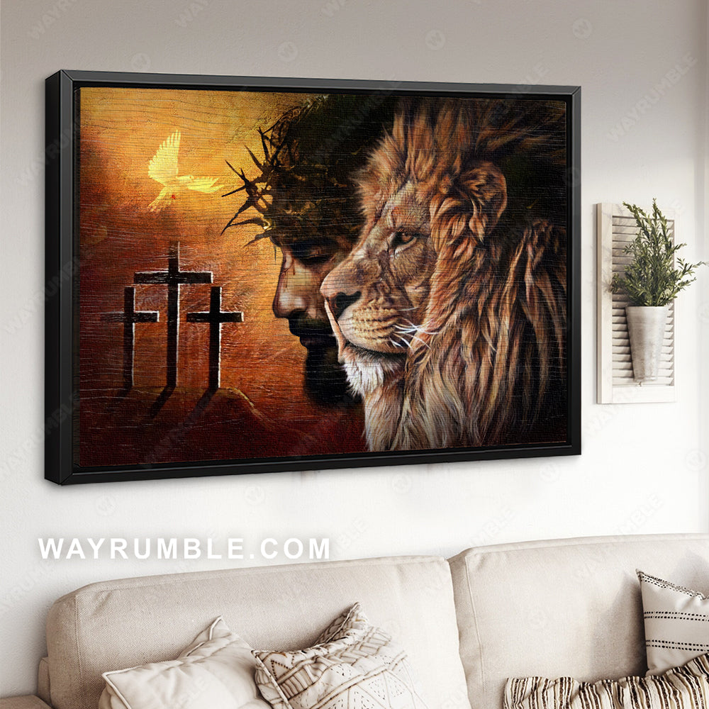 Holy spirit dove, Three crosses on hill, Jesus Christ, Awesome Lion of Judah - Jesus Landscape Canvas Prints, Christian Wall Art