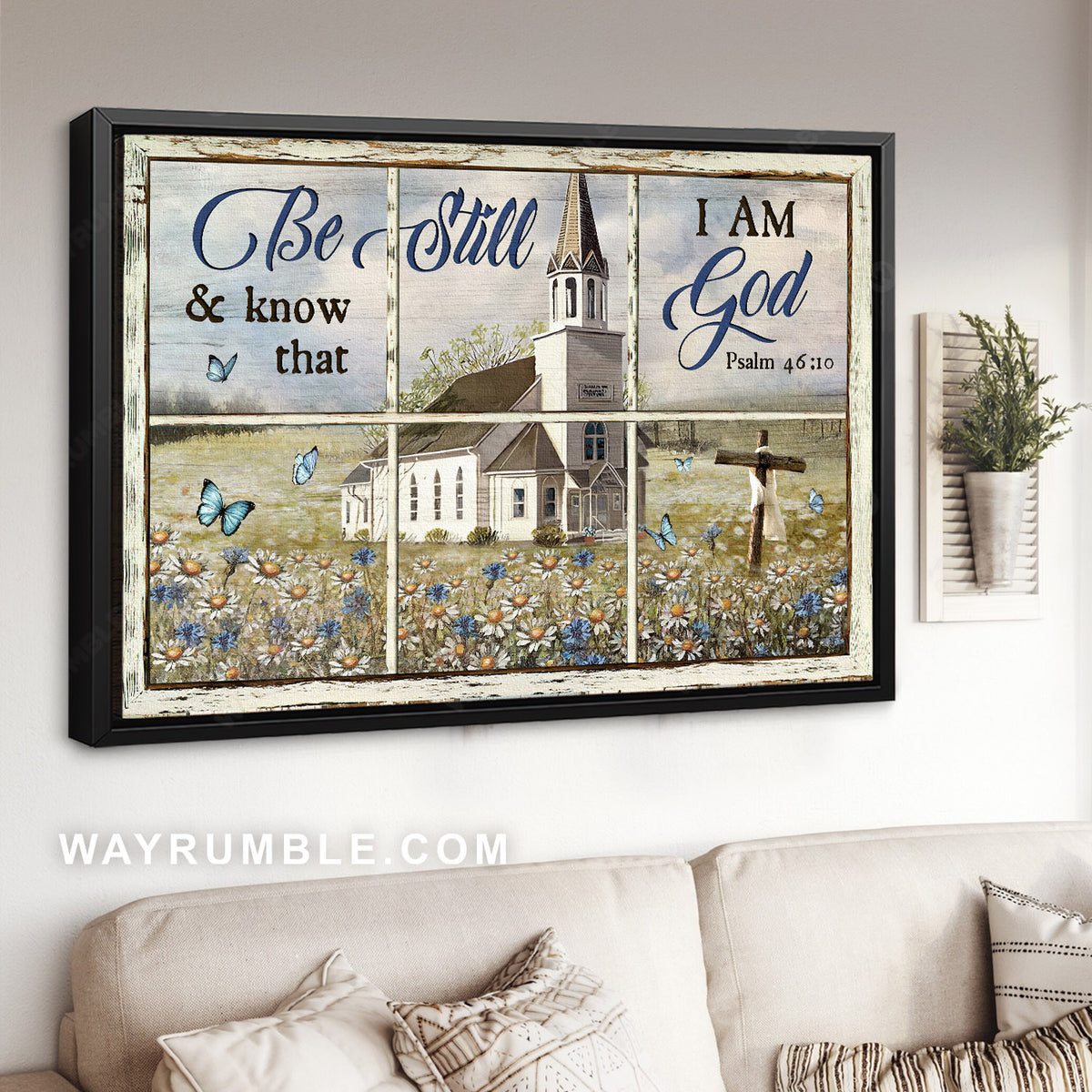 Beautiful church, Daisy garden, Old ruggred cross, Be still and know that I am God - Jesus Landscape Canvas Prints, Christian Wall Art