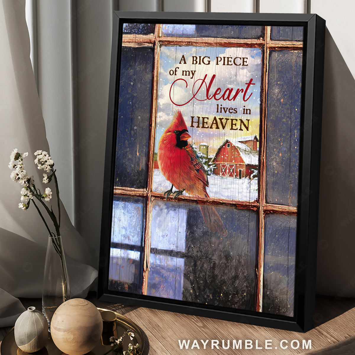 Glass window, Red cardinal, Snowy farm, A big piece of my heart lives in heaven - Jesus Portrait Canvas Prints, Home Decor Wall Art