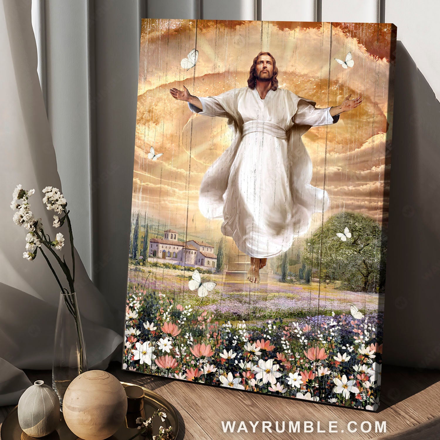 Beautiful flower field, Jesus painting, White butterfly, The aura of God - Jesus Portrait Canvas Prints, Christian Wall Art