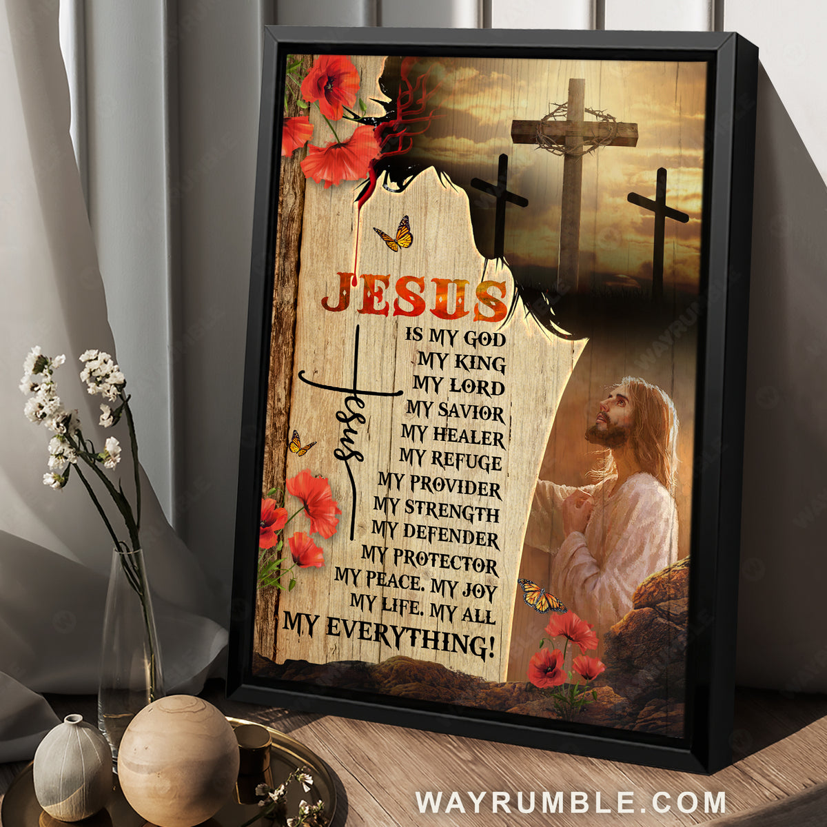 Jesus painting, Monarch butterfly, Red poppy flower, Jesus is my everything - Jesus Portrait Canvas Prints, Christian Wall Art