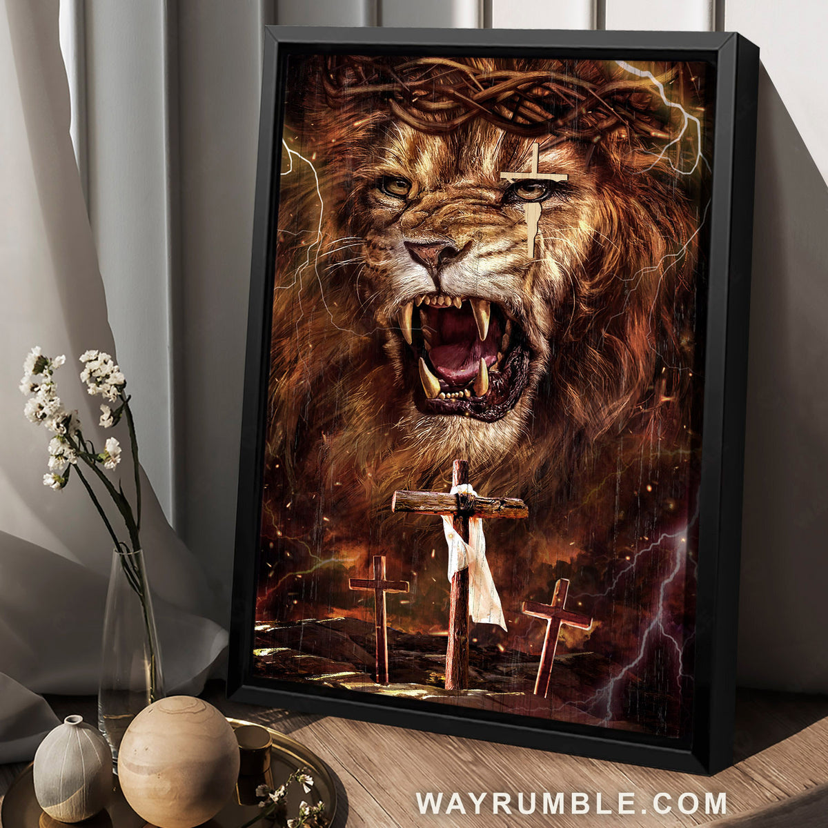 Awesome lion head, Lion of Judah, Crown of thorns, Three wooden crosses - Jesus Portrait Canvas Prints, Christian Wall Art