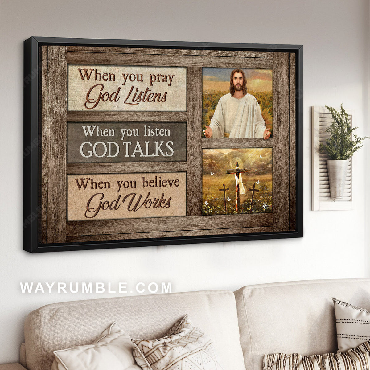 Abstract Jesus painting, Three crosses, Positive quote, When you believe, God works - Jesus Landscape Canvas Prints, Christian Wall Art