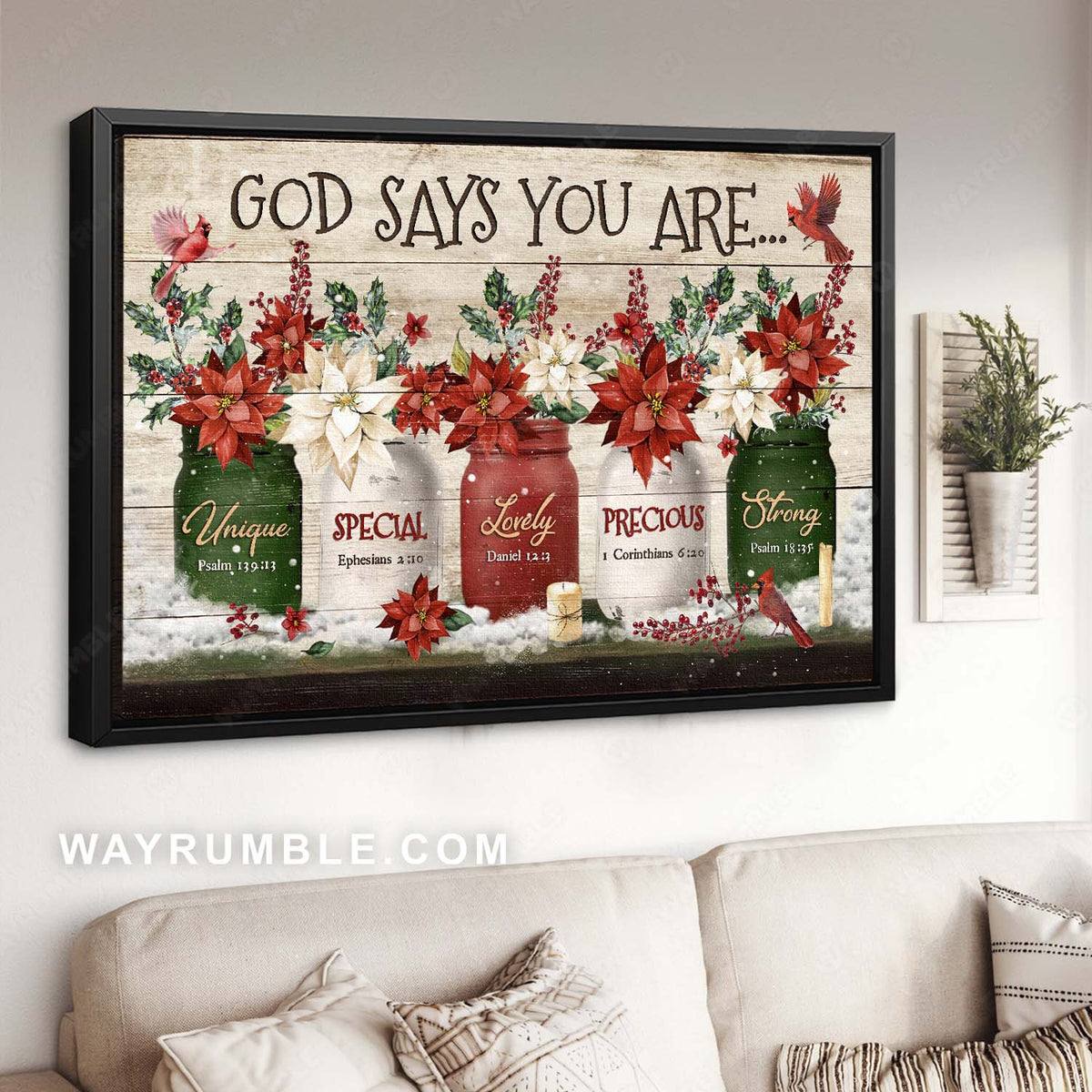 Christmas decoration, Poinsettia flower, Red cardinal, God says you are - Jesus Landscape Canvas Prints, Home Decor Wall Art