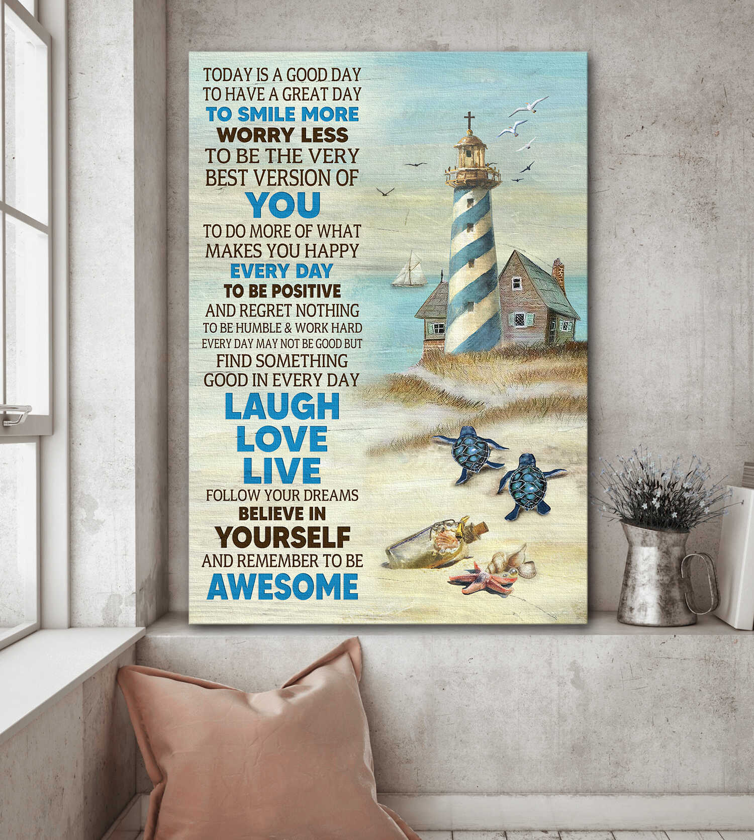 Turtle, Sand beach, Lighthouse, Today is a good day - Jesus Portrait Canvas Prints, Wall Art