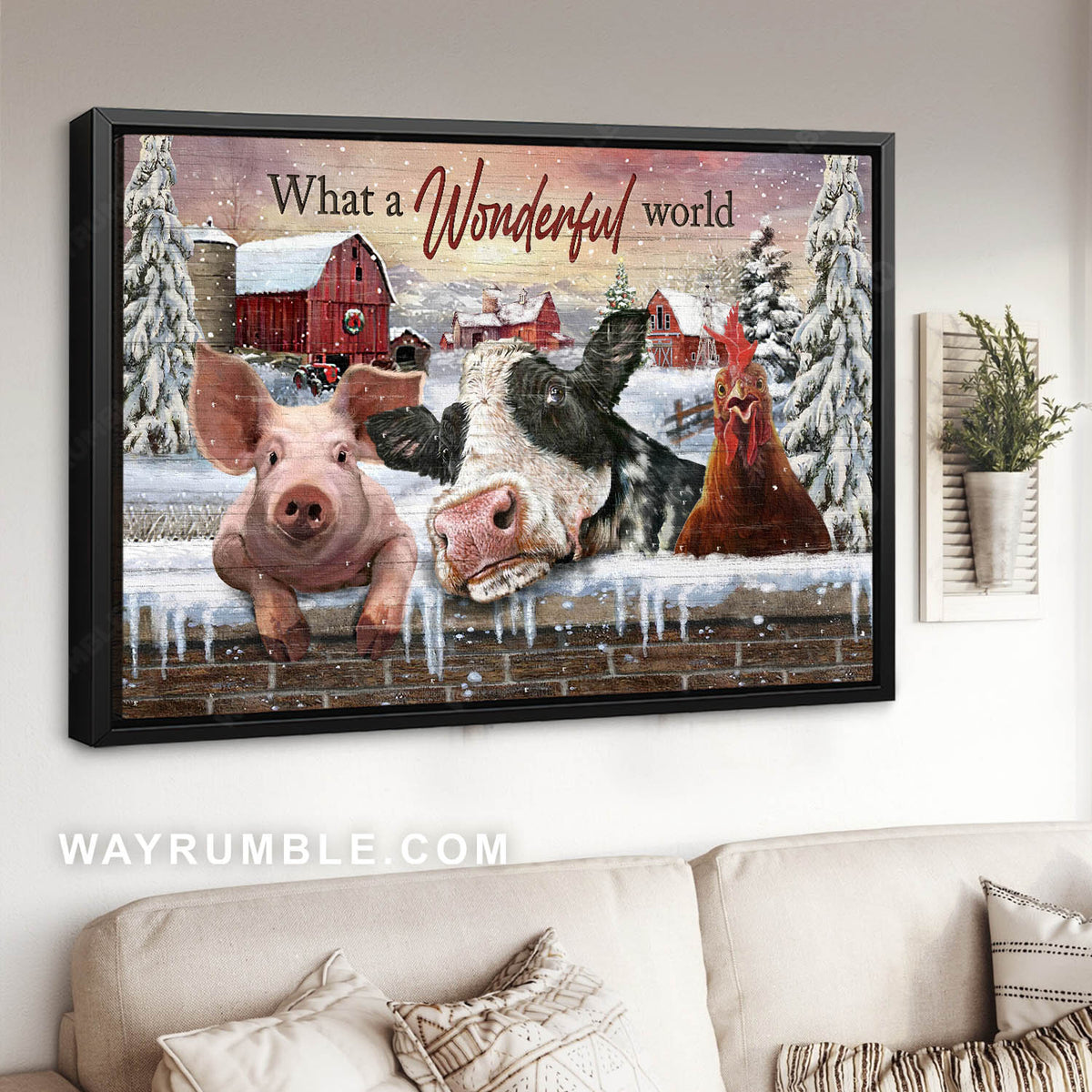 Farm animals, Snowy farm, Red barn painting, What a wonderful world - Jesus Landscape Canvas Prints, Home Decor Wall Art