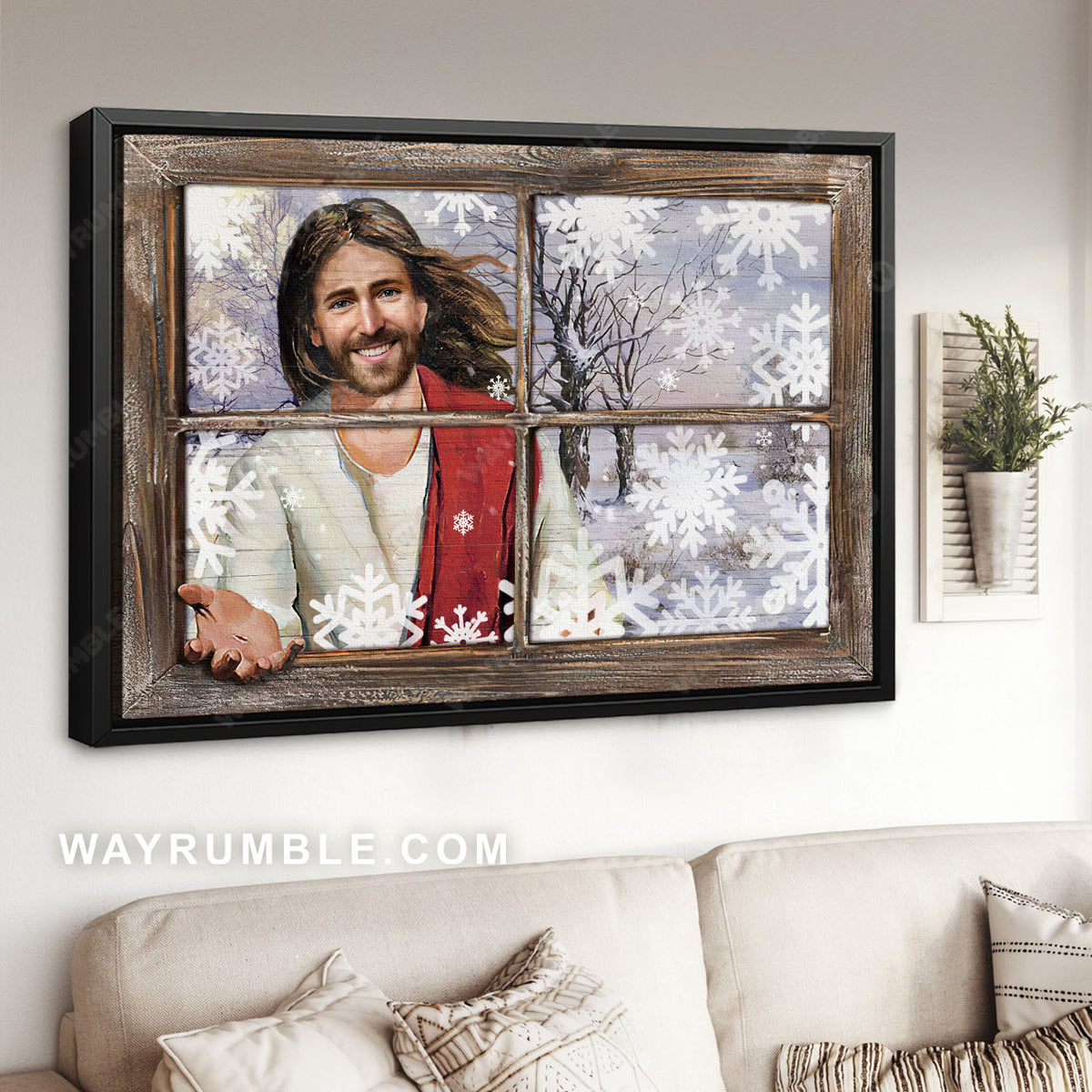 Beautiful snowflake, Jesus painting, Wood window, Winter forest - Jesus Landscape Canvas Prints, Christian Wall Art