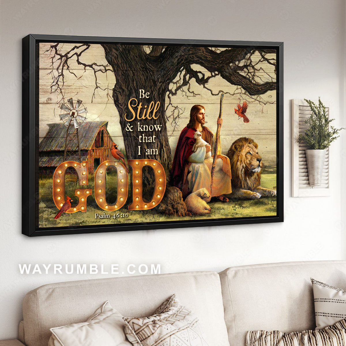 Lion of Judah, Lamb of God, Red cardinal, Be still and know that I am God - Jesus Landscape Canvas Prints, Christian Wall Art