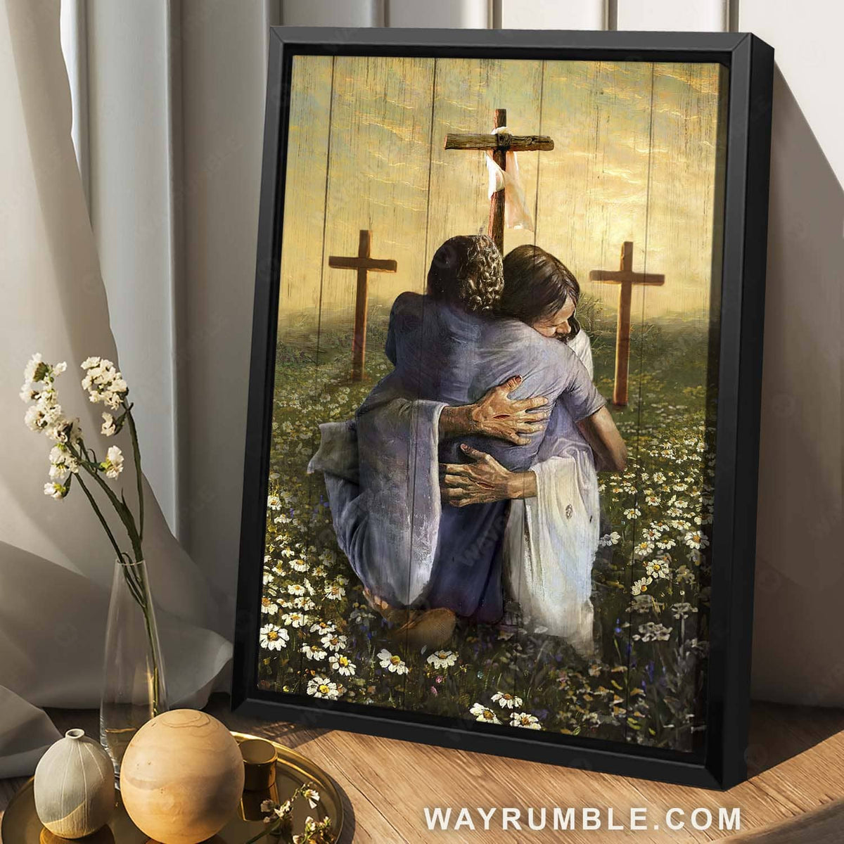 Daisy flower field, Three wooden crosses, Inspirational art, In the arms of God - Jesus Portrait Canvas Prints, Christian Wall Art