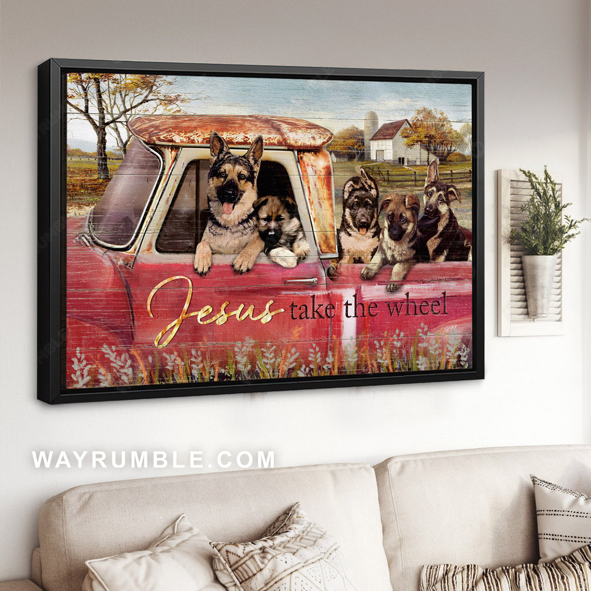 German Shepherd, Old red truck, Farm painting, Jesus take the wheel - Jesus Landscape Canvas Prints, Home Decor Wall Art