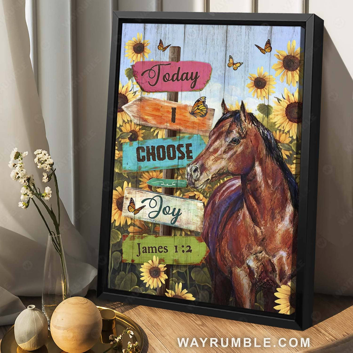 Abstract horse painting, Sunflower field, Monarch butterfly, Today I choose joy - Jesus Portrait Canvas Prints, Home Decor Wall Art