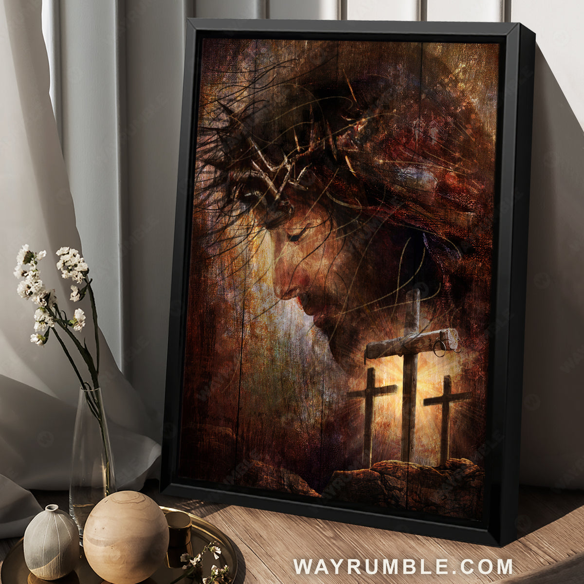 Crown of thorns, Three wooden crosses, Mesmerizing Jesus Christ painting - Jesus Portrait Canvas Prints, Christian Wall Art