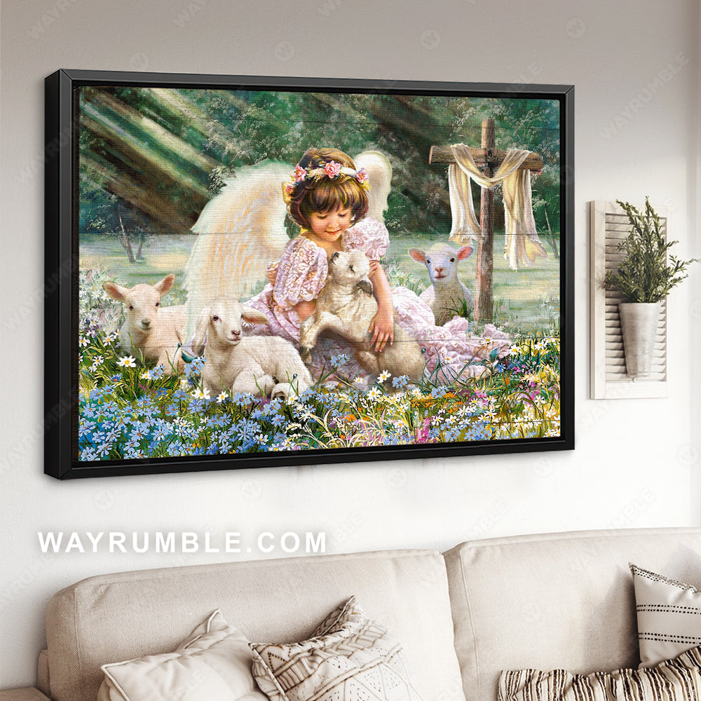 Flower field, Daisy flowers, Lamb of God, Wooden cross, Pretty little angel - Jesus Landscape Canvas Prints, Home Decor Wall Art